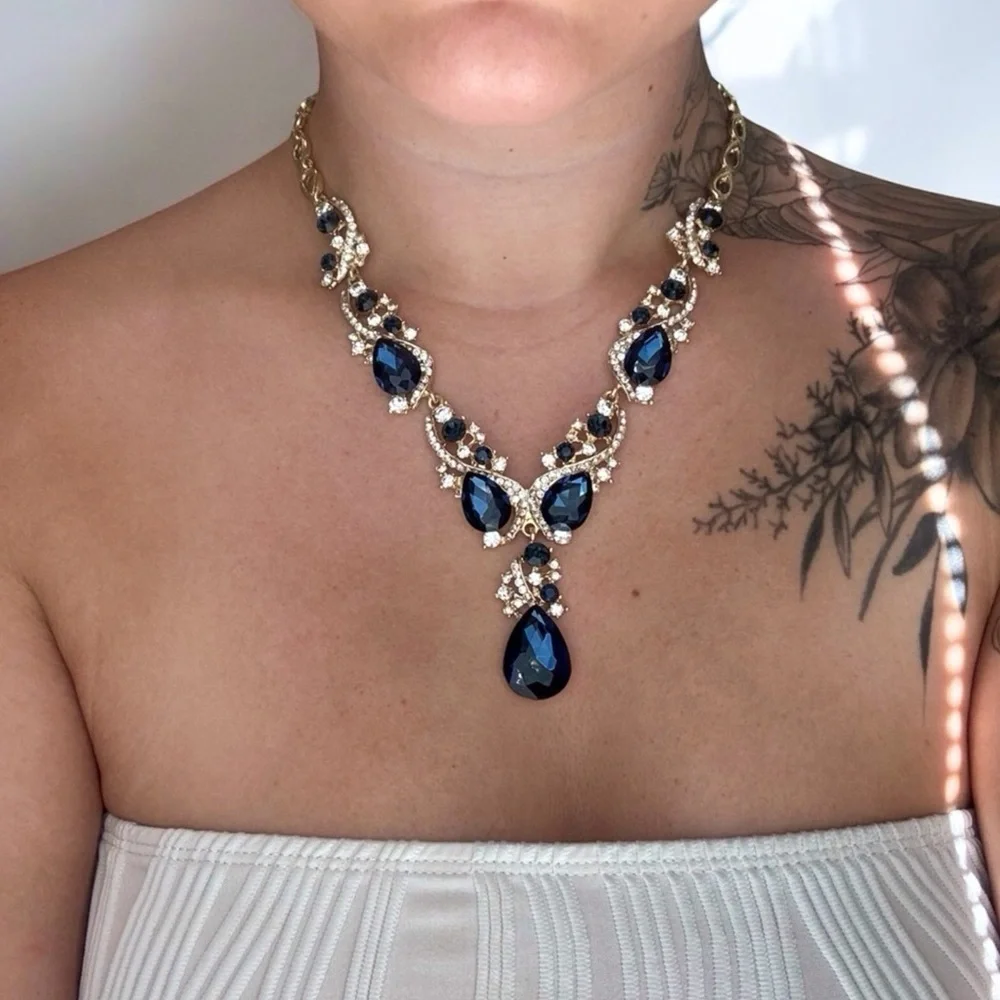 Stunning Gold-Tone & Navy Crystal Statement Necklace